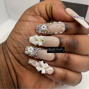 White French Tip and Bling Bow Rhinestone Press On Nails